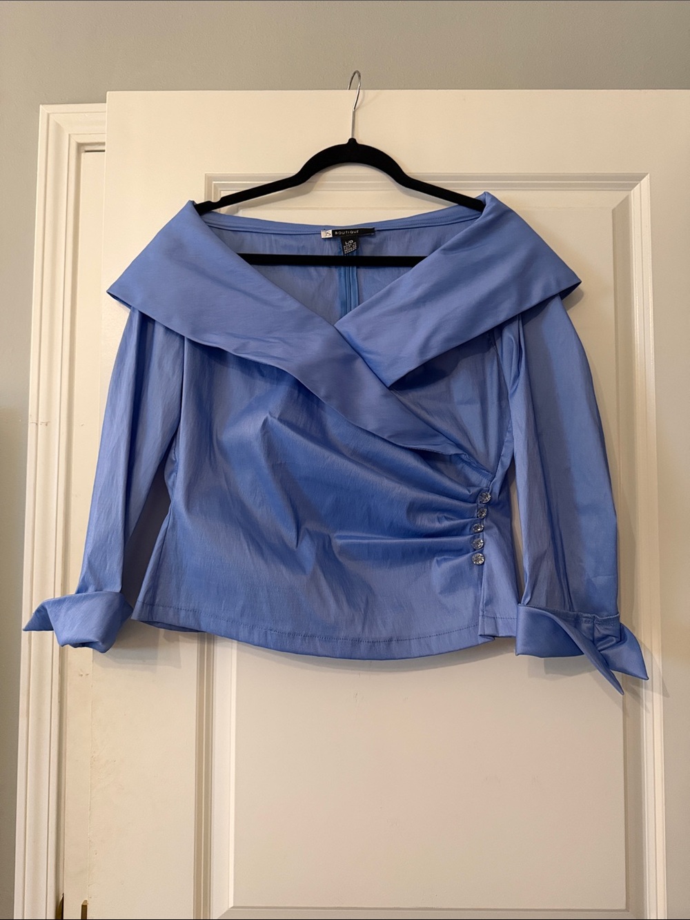 Beautiful Periwinkle Blue Off-Shoulder Blouse with Rhinestone Button Detail